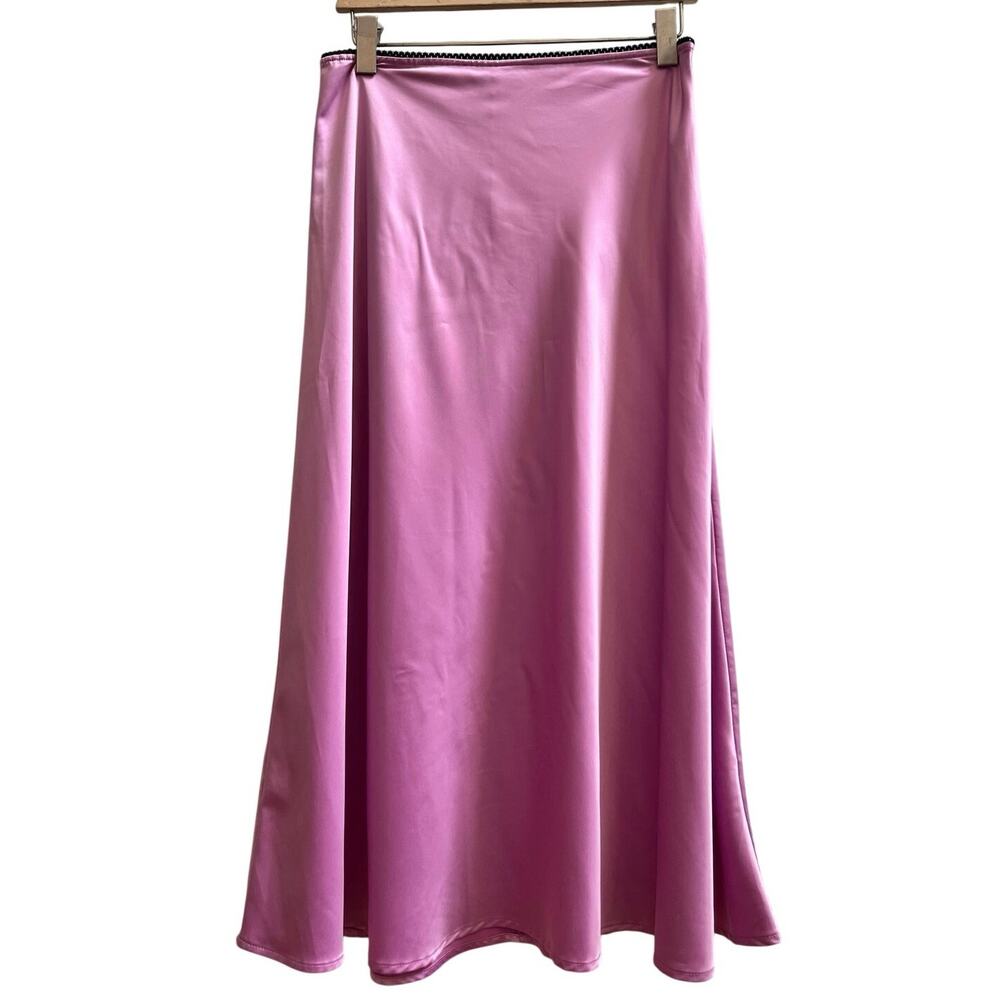 Zara Flaw Lavender Satin Black Lace Trim Midi Slip Skirt Medium Coquette